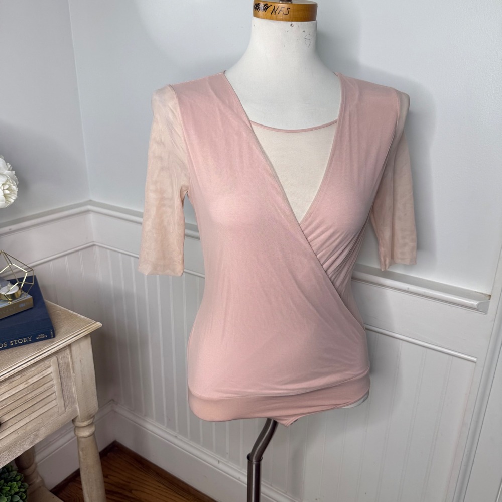 Wolford Blush Pink Wrap Front Mesh Bodysuit Sheer 3/4 Sleeve Small Austria